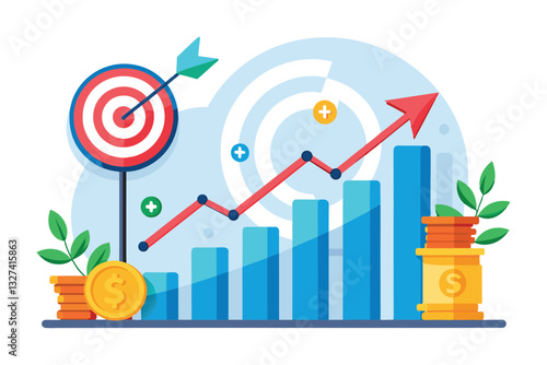 A vibrant graphic showing growth with arrows, coins, and bar graphs for profit strategies, Target increasing finance growth profit earning trending
