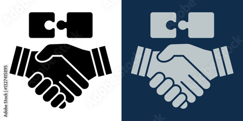 Handshake and Puzzle Piece Icon. Business Agreement, Partnership, and Collaboration Symbol. Black and White Vector Illustration Representing Teamwork, Deal, Success, and Corporate Connection