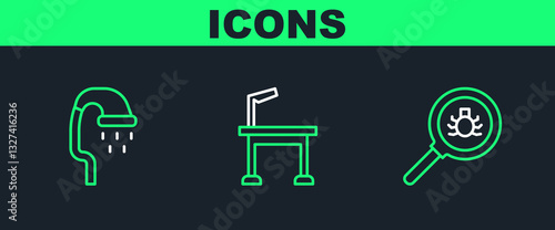 Set line Flea search, Pet shower and grooming table icon. Vector