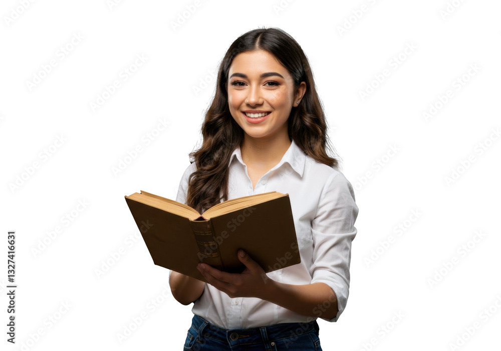 Passionate reader smiling with a book in hands, reflecting curiosity and knowledge. Passionate reader smiling with a book in hands, reflecting curiosity and knowledge.