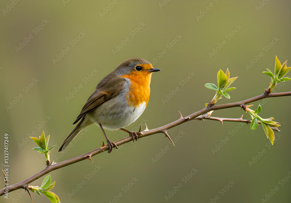 European Robin Bird Perched on Thorny Branch, Close-up Wildlife Spring Nature European Robin Bird Perched on Thorny Branch, Close-up Wildlife Spring Nature