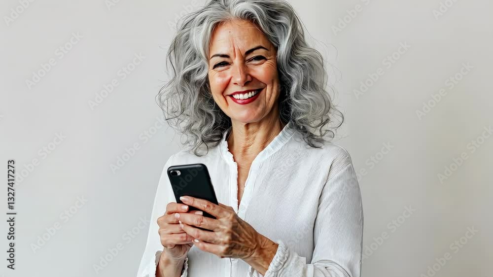beautiful elderly gray-haired woman holding a mobile phone on white background, elegant mature lady, modern granny, grandmother, wrinkled face, retired person