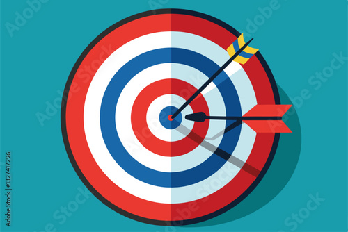 A colorful dartboard is displayed, showcasing arrows successfully hitting the bullseye at the center, target time