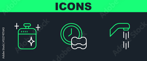 Set line Shower head, Clean cooking pot and Washing dishes icon. Vector
