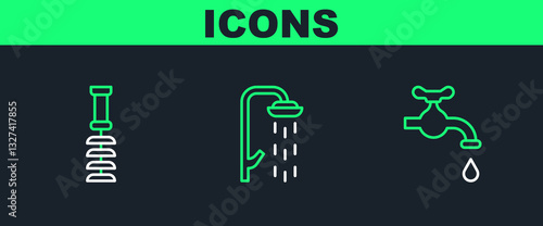 Set line Water tap, Toilet brush and Shower icon. Vector