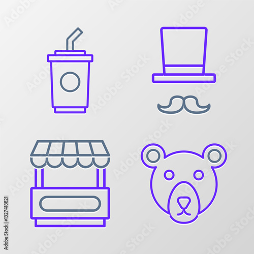 Set line Bear head, Fast street food cart, Magician and Paper glass with water icon. Vector