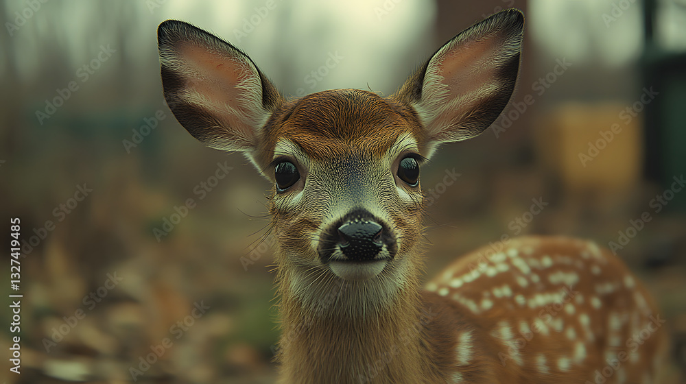 Close-up of a young deer in a forested area, surrounded by autumn leaves and soft lighting Close-up of a young deer in a forested area, surrounded by autumn leaves and soft lighting
