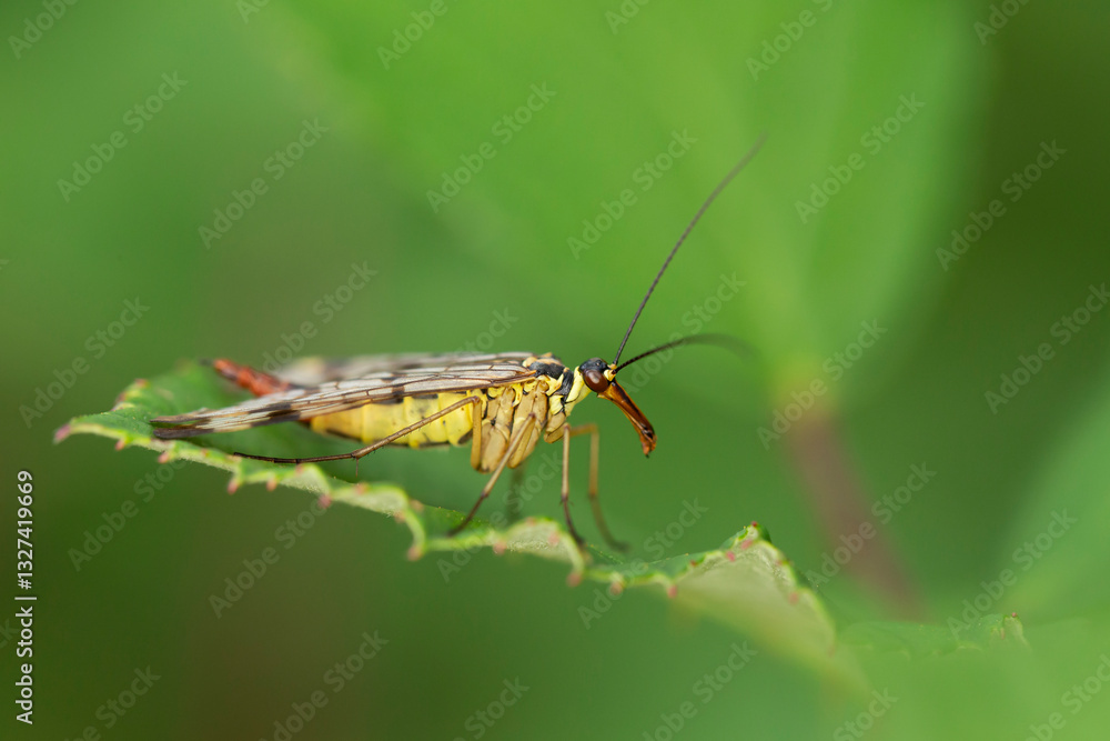 A scorpionfly of Panorpa species on a green leave A scorpionfly of Panorpa species on a green leave