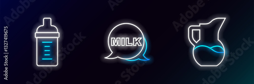 Set line Milk jug or pitcher, Baby milk in a bottle and Lettering icon. Glowing neon. Vector