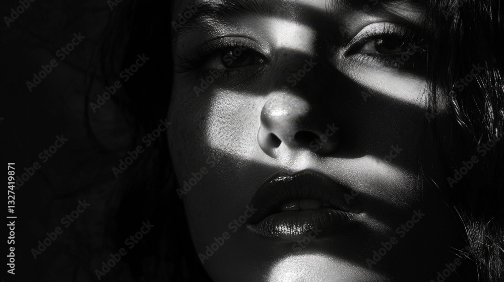 Artistic black and white portrait of a young caucasian female with dramatic shadow play Artistic black and white portrait of a young caucasian female with dramatic shadow play