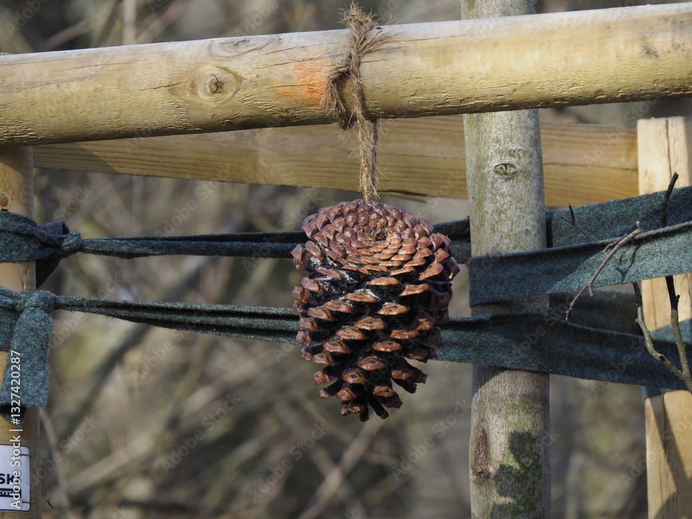 inecone Bird Feeder Hanging on Wooden Structure in Forest inecone Bird Feeder Hanging on Wooden Structure in Forest