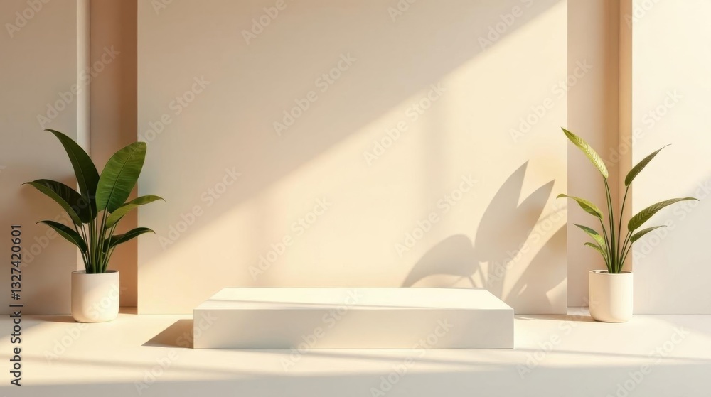 Serene Minimalist Display Featuring Plants and a Blank Pedestal in Soft Sunlight Serene Minimalist Display Featuring Plants and a Blank Pedestal in Soft Sunlight