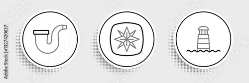 Set line Lighthouse, Smoking pipe and Wind rose icon. Vector