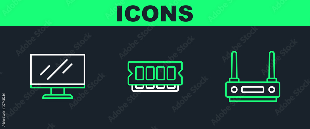 Set line Router and wi-fi signal, Computer monitor screen and RAM, random access memory icon. Vector Set line Router and wi-fi signal, Computer monitor screen and RAM, random access memory icon. Vector