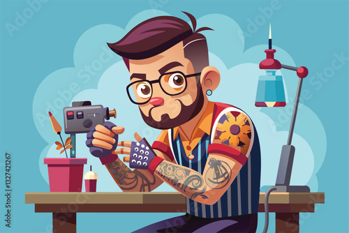 A tattoo artist skillfully showcases his craft, surrounded by colorful inks and a vibrant workspace, Tattoo artist Customizable Cartoon Illustration