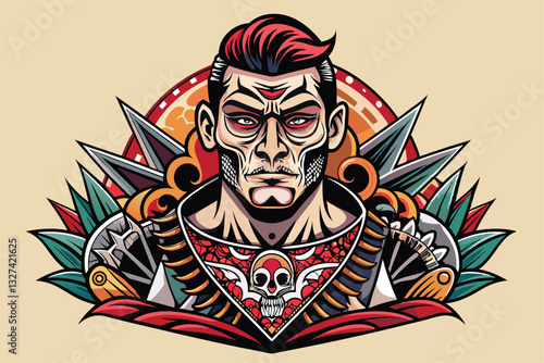 A detailed tattoo design showcases a strong, warrior-like character with striking colors and motifs, Tattoo artist Customizable Disproportionate Illustration