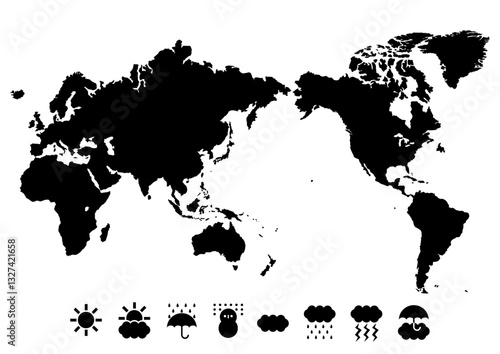 世界地図（日本中心）と天気記号アイコンのイラスト（黒）