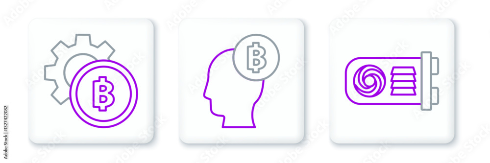 Set line Mining farm, Cryptocurrency coin Bitcoin and think icon. Vector Set line Mining farm, Cryptocurrency coin Bitcoin and think icon. Vector