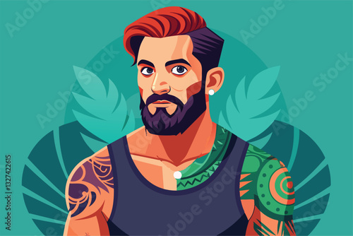 A tattoo artist showcases unique body art and style in a colorful, artistic portrayal against a lush backdrop, Tattoo artist Customizable Semi Flat Illustration