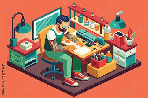 A skilled tattoo artist designs custom tattoos in a lively, well-organized studio filled with tools, Tattoo artist Customizable Isometric Illustration