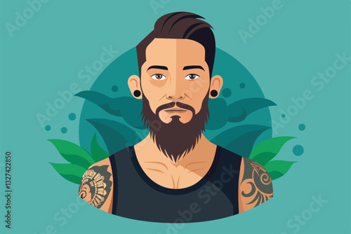 A tattoo artist with a beard and intricate tattoos poses against a green background with plants, Tattoo artist Customizable Semi Flat Illustration