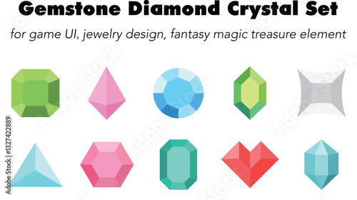 colorful gemstone diamond crystal icon set, bright precious jewel vector faceted ruby sapphire emerald topaz amethyst, stylish sparkling mineral game UI jewelry design fantasy magic treasure element