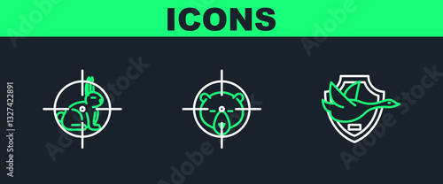 Set line Flying duck on shield, Hunt rabbit with crosshairs and bear icon. Vector