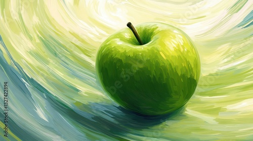 A single green apple sits on a painted background surface