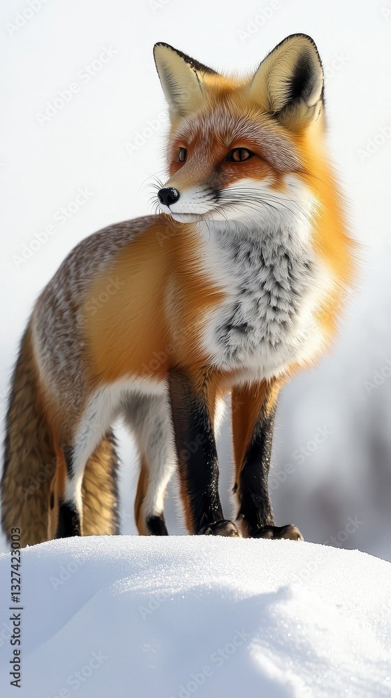 Fototapeta premium Curious red fox standing proudly on a snow-covered hill in a beautiful winter landscape surrounded by nature