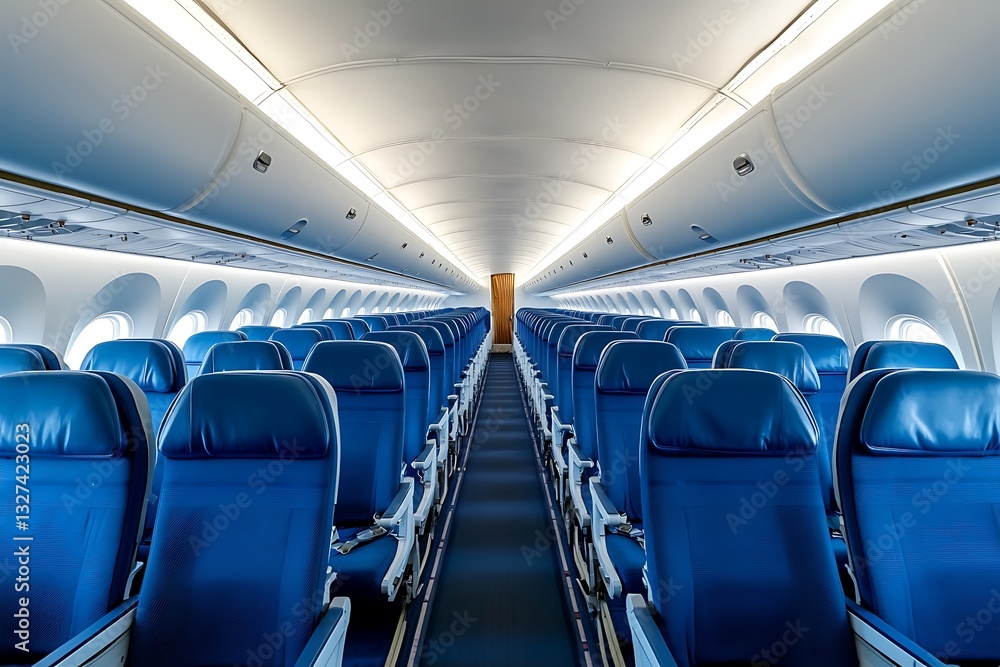 Fototapeta premium Bare airplane interior with comfy seats wide design stresses modern flight comfort new plane cabin with blue seating white trim central aisle works great 