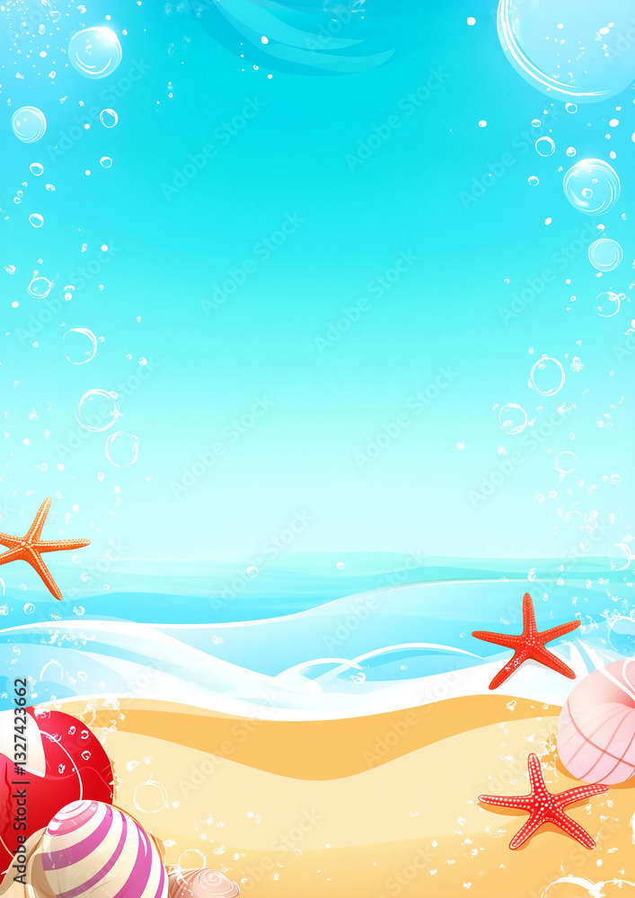 Ilustracja plaży - Piasek i woda, obok czerwone rozgwiazdy