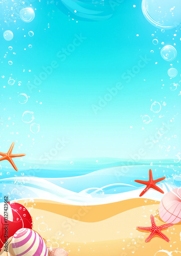 Obraz na płótnie Ilustracja plaży - Piasek i woda, obok czerwone rozgwiazdy w salonie