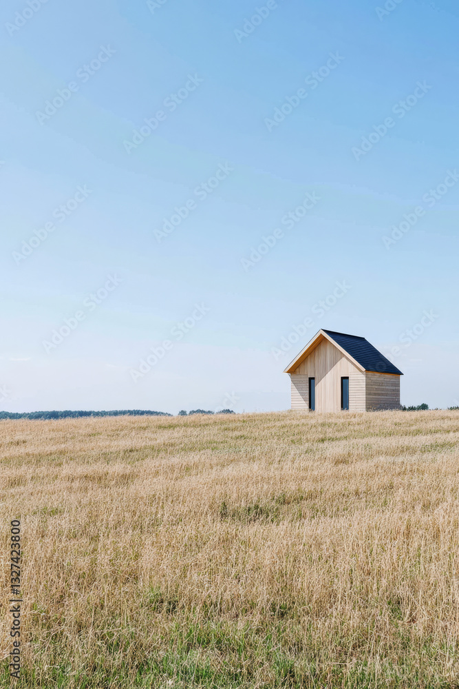 Modern wooden house standing alone in a vast field under a clear blue sky Modern wooden house standing alone in a vast field under a clear blue sky
