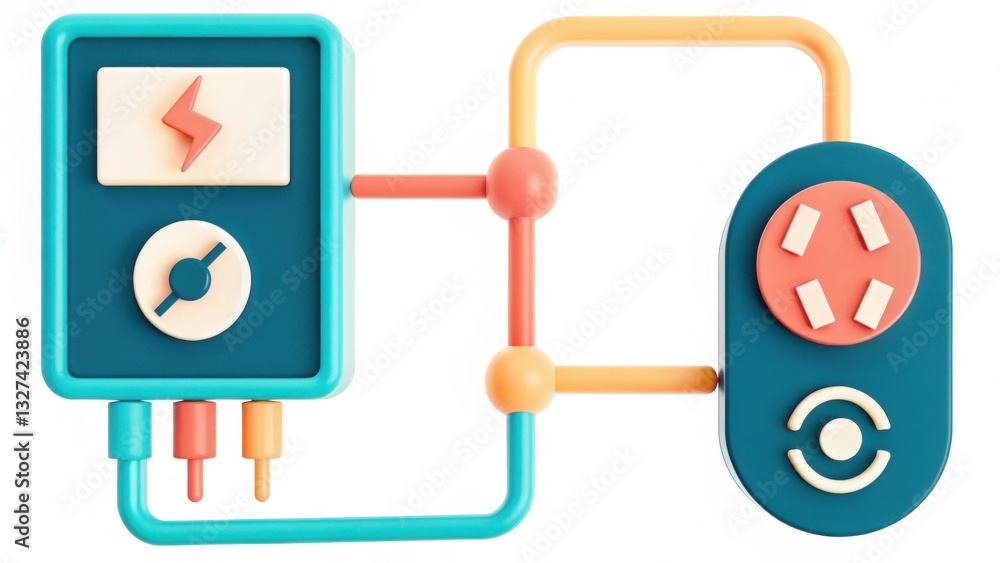 Fototapeta premium 3D Render of Teal and Orange Control Panel with Connecting Tubes
