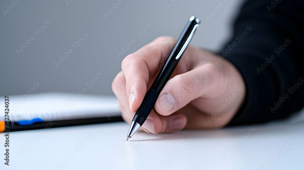 Close Up of a Person's Hand Writing with a Black Pen on White Desk Close Up of a Person's Hand Writing with a Black Pen on White Desk