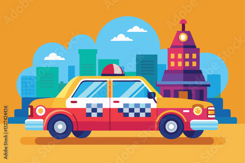 A vibrant taxi sits in front of a downtown building, showcasing city life against a bright sky, Taxi, police auto,