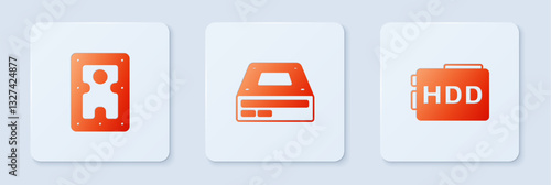 Set Optical disc drive, Hard disk HDD and . White square button. Vector
