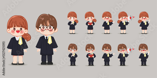 Cute cartoon hand drawn Thai lawyer Legal professions character set. Flat cartoon animation vector design.