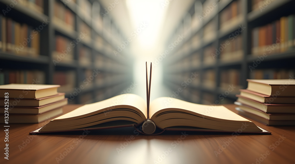 Open Book in Library Bookshelves Depth of Field Light for Reading and Learning