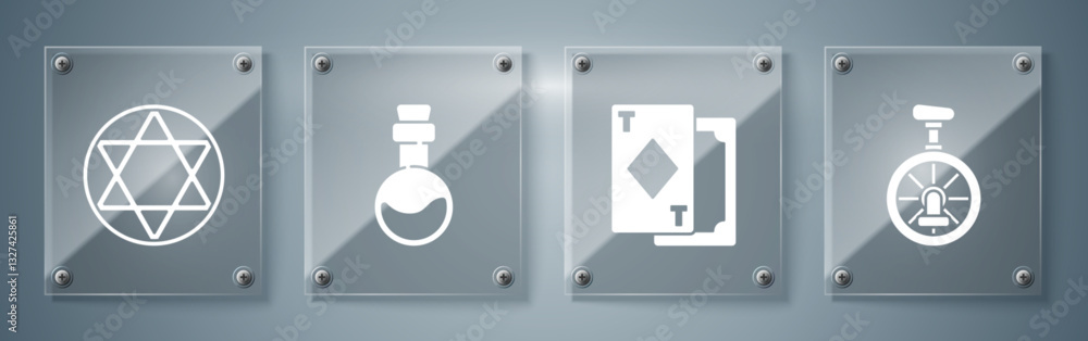 Set Unicycle or one wheel bicycle, Playing cards, Bottle with love potion and Star of David. Square glass panels. Vector Set Unicycle or one wheel bicycle, Playing cards, Bottle with love potion and Star of David. Square glass panels. Vector
