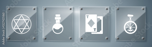 Set Unicycle or one wheel bicycle, Playing cards, Bottle with love potion and Star of David. Square glass panels. Vector