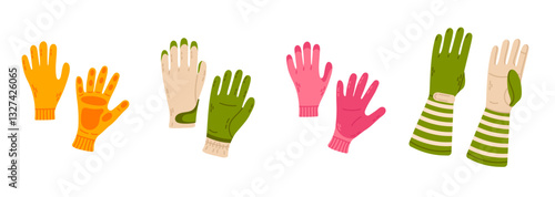 Various types of protective gardening gloves in different colors and designs, ideal for handling plants, soil, and tools safely.