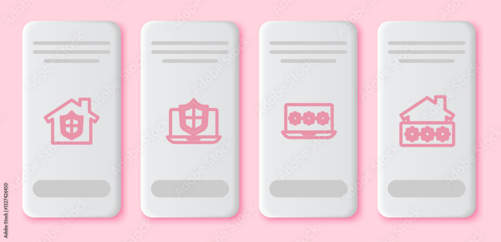 Set line House under protection, Laptop protected with shield, password and . White rectangle button. Vector Set line House under protection, Laptop protected with shield, password and . White rectangle button. Vector