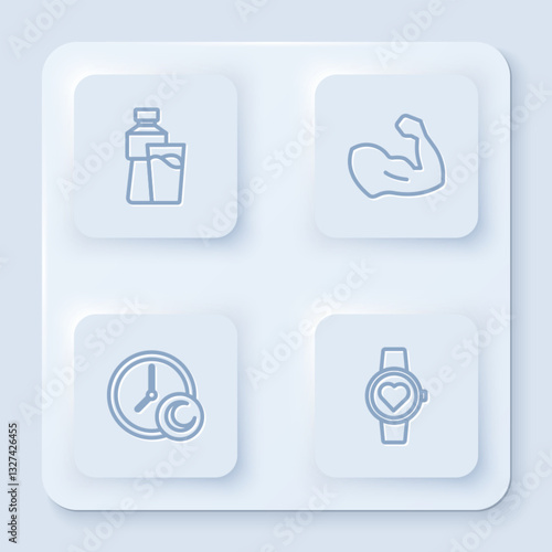 Set line Bottle of water with glass, Bodybuilder muscle, Time to sleep and Smart watch. White square button. Vector