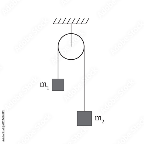 Pulley system vector icon in line style - physics. Pulley Vector Outline Icon Isolated On White Background drawing by illustration. Pulley System with Two Masses A Simple Machine