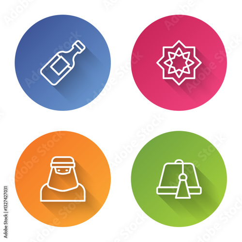 Set line Bottle of water, Octagonal star, Muslim woman in niqab and Turkish hat. Color circle button. Vector