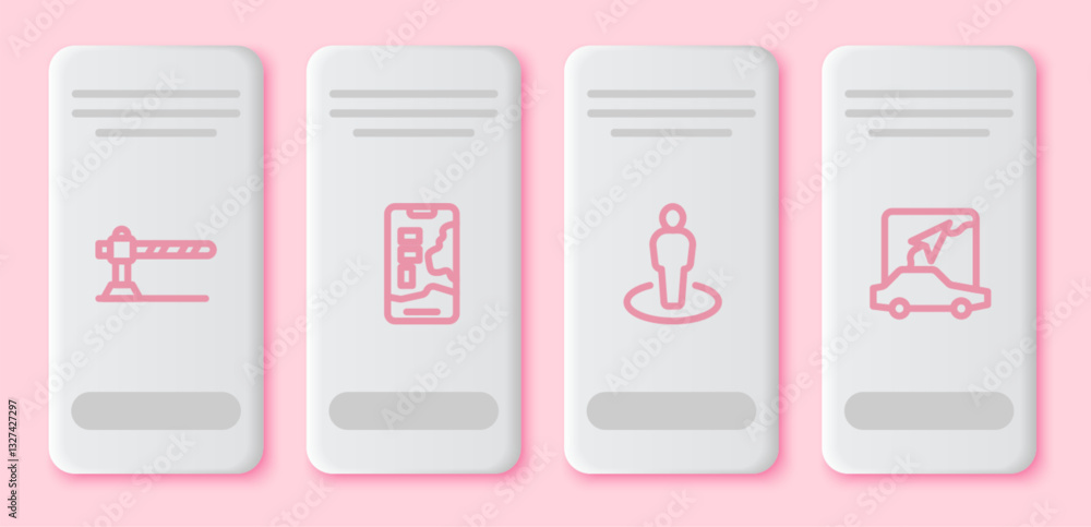 Set line Parking car barrier, City map navigation, Location with person and . White rectangle button. Vector Set line Parking car barrier, City map navigation, Location with person and . White rectangle button. Vector