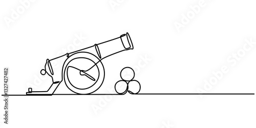Single one line drawing of cannon ball weapon with arrow symbol bullet missile. Business finance growth minimal concept, Cannon one line drawing. Cannon continuous line. Army warfare equipment in  pro
