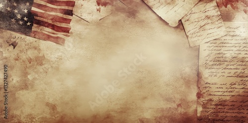 A vintage American flag with faded text and aged paper