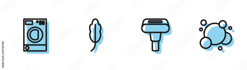 Set line Garment steamer, Washer, Feather and Soap water bubbles icon. Vector Set line Garment steamer, Washer, Feather and Soap water bubbles icon. Vector